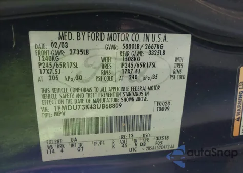 2003 Ford Explorer Nbx/Xlt from USA, damaged, VIN 1FMDU73K43UB68809